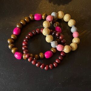 Trio of Handmade wooden Beaded Bracelet Set - Pink, Brown, Tan